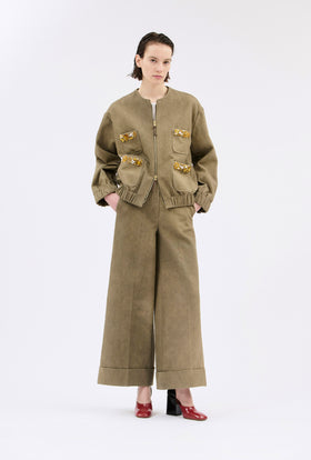 Cotton Damask Jacket, Dark Khaki from ODEEH 