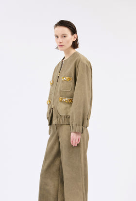 Cotton Damask Jacket, Dark Khaki from ODEEH 