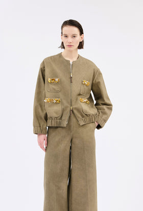 Cotton Damask Jacket, Dark Khaki from ODEEH 