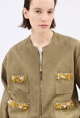 Cotton Damask Jacket, Dark Khaki from ODEEH 
